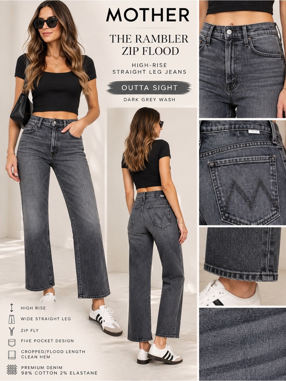 MOTHER Superior The Rambler Zip Flood Jeans Outta Sight Dark Gray High Rise 30